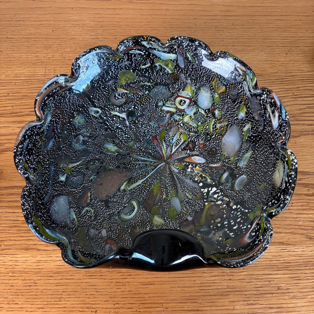 Vintage Murano Black Confetti Art Glass Scalloped Centerpiece Bowl Tutti Fruitti
